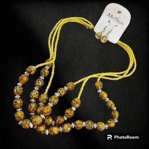 3/$30 MY STYLE Canary Yellow Beaded Easter Necklace Earrings Set